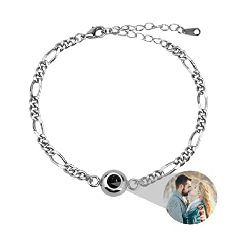 Personalised Photo Bracelet with Picture Inside Custom Round Projection Bracelet I Love You Bracelet 100 Languages for Women Couple Friendship Bracelets Christmas Memorial Gift Stainless Steel Cover