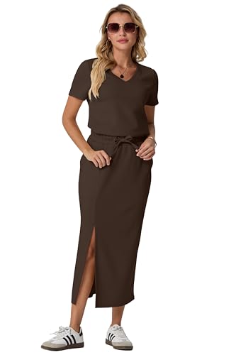 Image of GRECERELLE Women Summer Casual 2 Piece Sets V-Neck Wrinkle-Free Top & Elastic Waist Midi Side Slit Skirt with Pockets