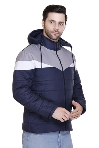 Image of Men's Navy Blue and Grey Hooded Puffer Jacket, Quilted, Zip Front