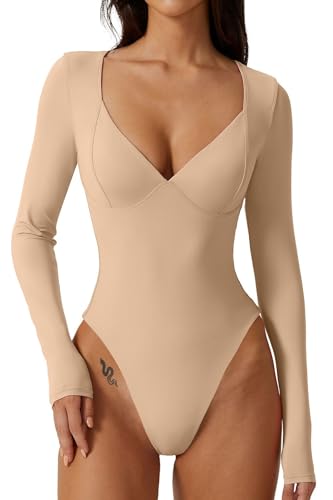 Image of QINSEN Women's Long Sleeve Bodysuit V Neck Body Suits Seamed Cup Going Out Tops Shirt