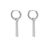 Minimalist Double Bar Small Hoop Short Dangle Drop Earrings for Men Women 316L Stainless Steel Huggie Hinged Hoops Fashion Personalized Punk Geometric Line Stick (Silver)