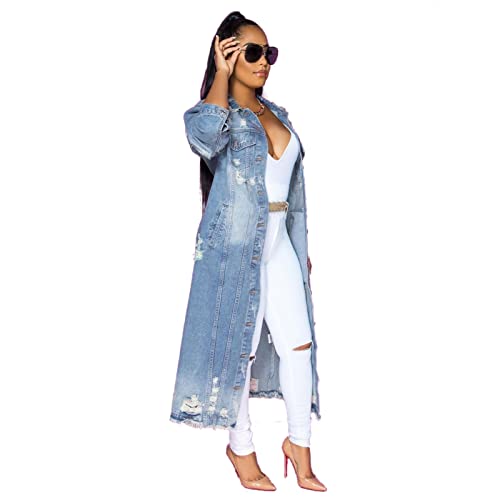 JEsilunmaMY Plus Size Jean Jacket for Women Long Sleeve Button Down Loose Denim Coat Loose Oversized Distressed Trench Coats3