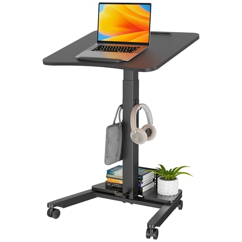 BONTEC Mobile Standing Desk Black, 60 x 52cm Tilting Desktop, Foot Pedal Adjustable Height 73.6–110.7cm, Foldable Adjustable Desk with Wheels, Pegboard Storage Shelf, Hooks, Rolling Small Laptop Table