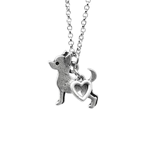Chihuahua Charm Necklace, Dog Pet Lover Gift, Silver Metal with Heart Pendant on a Chain, Ladies I Love Chiwawa Short Hair(Chihuahua)