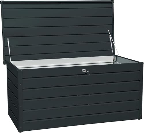 Duramax Palladium Kissenbox aus Metall XL (1043 L) mit hydraulischer Gasdruckfeder und abschließbarem Griff mit Schlüssel, Terrassenbox und Gartenmöbelaufbewahrung, Anthrazit