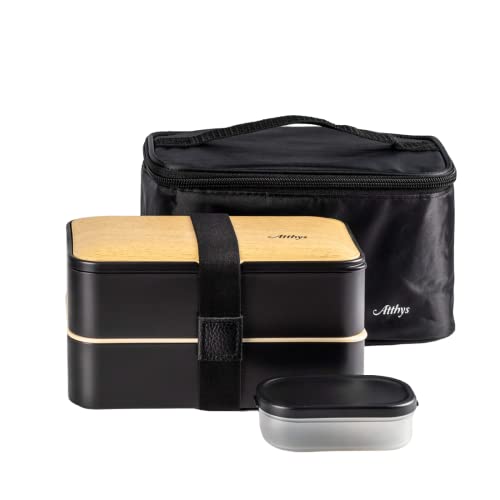 Atthys - Lunch Box Noir + Sac Isotherme | Bento Japonais Design 3 Couverts | Bento Box Bambou 2 Compartiments Hermétiques 1200 ML | Micro-Ondes Lave-Vaisselle | Boîte Déjeuner Bois Adulte Enfant