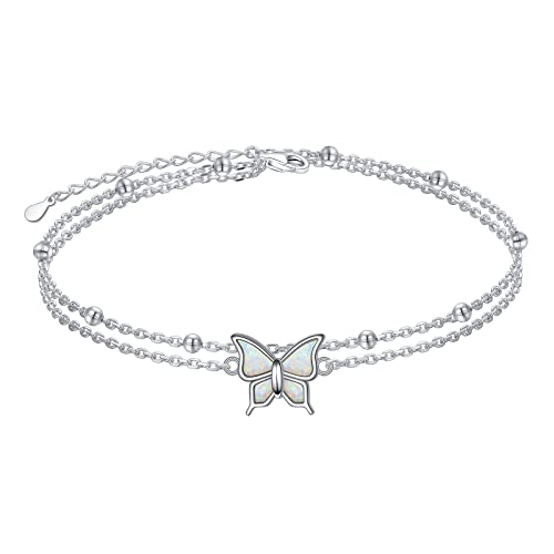 Image of Flyow Anklet for Women S925 Sterling Silver Adjustable Foot Beaded Heart Charm Ankle Bracelet Anklets Jewelry