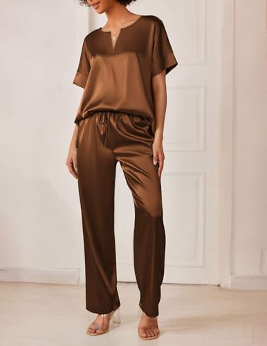 Image of Ekouaer Mens Satin Pajamas Set Button-Down Short /Long Sleeve Shirt Top Soft Silk Sleepwear Loose Pocket Pant Loungewear
