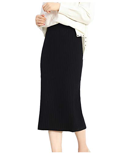 Usatisfy Women's Stretchy Knit Midi Skirt Bodycon Skirts with Elastic Waist Band and Slit (Black)