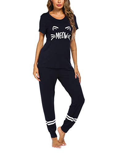 Ekouaer Pj Women's Set Sleepwear Two Piece Pajamas Tops with Long Sleep Pants O-Neck Loungewear Navy Blue
