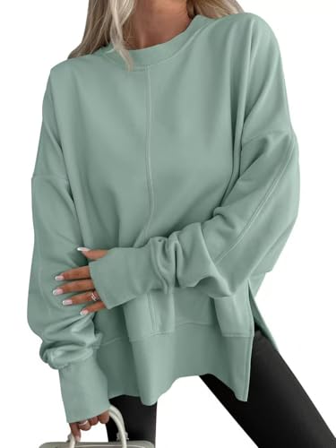 Womens Crewneck Oversized Sweatshirts Thumbhole Long Sleeve Side Slit Pullover Shirts Loose Fall Trendy Outfits (Light Green,XX-Large)