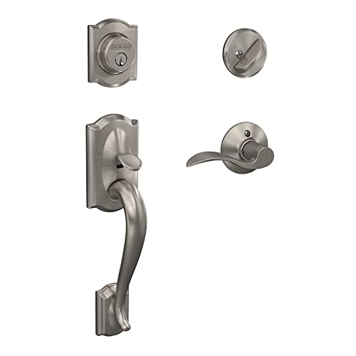 Image of Schlage F60 V CAM 619 ACC Camelot Front Entry Handleset with Accent Lever, Deadbolt Keyed 1 Side, Satin Nickel