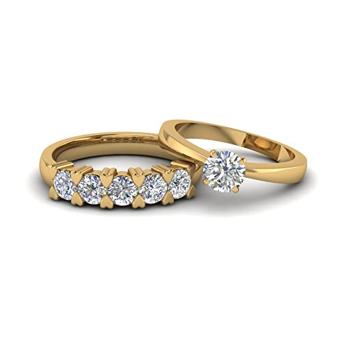 Image of Choose Your Gemstone Round Cut Solitaire Ring 5 Stone Band Yellow Gold Plated Round Shape Wedding Ring Sets Everyday Jewelry Wedding Jewelry Handmade Gifts for Wife US Size 4 to 12