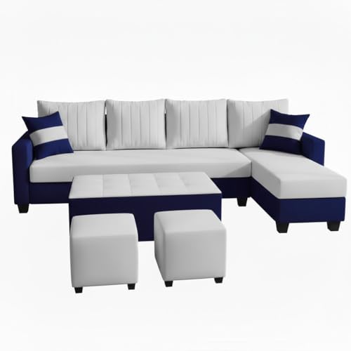 Image of FURNY Avenue 8 Seater Fabric RHS L Shape Sofa Set with 1 Centre Table & 2 Puffy (Light Grey-Dark Blue) Premium Velvet Finish