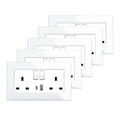 5 Pack CNBINGO Glass Double Switched Socket with USB-A and Type-C Charging Ports, White Tempered Glass Panel Wall Outlet, 2 Gang 13 Amp Electric Power Socket