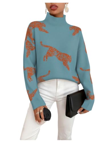 Image of WDIRARA Women's Leopard Tiger Print Sweater High Neck Long Sleeve Fuzzy Knitted Pullover Top