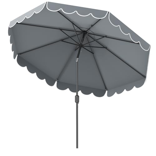 GOPLUS Sombrilla de Jardín Grande 250,5 x 302 cm, 35° de Parasol Excentrico con 8 Varillas, Mango, Toma de Aire Superior, Sombrilla de Exterior con Volantes para Playa, Patio, Gazebo (Gris)