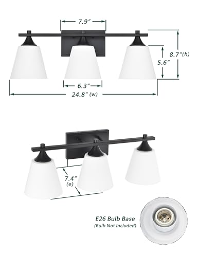 Image of Black Bathroom Vanity Light Fixtures, 3 Lights Traditional Vanity Lighting Fixture with Opal Glass Shade, Porch Wall Mount Light Fixture for Bathroom, Mirror Cabinets Hallway Stairs, Matte Black