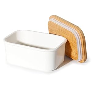 Theo&Cleo Butterdose Keramik mit Holzdeckel, 250g Butter Aufbewahrung, Butterbox Porzellan Vintage (Weiß)
