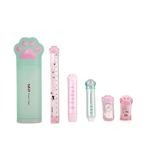 MROOFUL Cute Green Pencil Cases Cat Paw Sharpeners Correction Tape Cube Erasers Ruller Art & Craft Supplies Stationery Set for Girls Student Gift