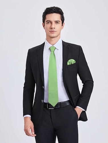 Image of HISDERN Mens Solid Color Ties Formal Satin Necktie and Pocket Square Set Classic Wedding Business Tie & Handkerchief