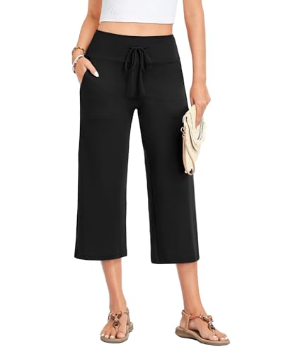 Image of ZOOSIXX Capri Pants for Women - Wide Leg Loose Casual Trousers with Pockets Summer High Waisted Drawstring Pants