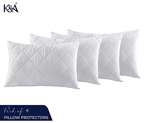K&A® Quilted Pillow Protectors 4 Pack Zipped | Ultra Luxe, Soft, Noiseless and Breathable Microfiber Pillowcase Protectors | Hypoallergenic and Anti Dust Mite Pillow Protector | UK Standard 48x74 CM