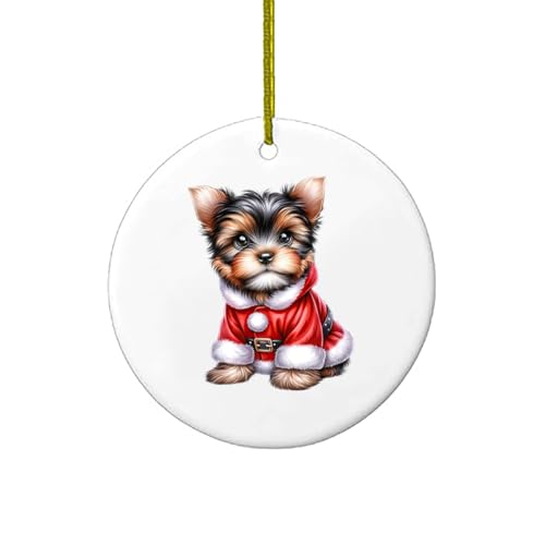 Chiens avec Un Chapeau De Père Noël Yorkshire Terrier Ornements Noël Ornement Porcelaine Pendentif Hanging pour Vacances Fête Maison 7.3Cm