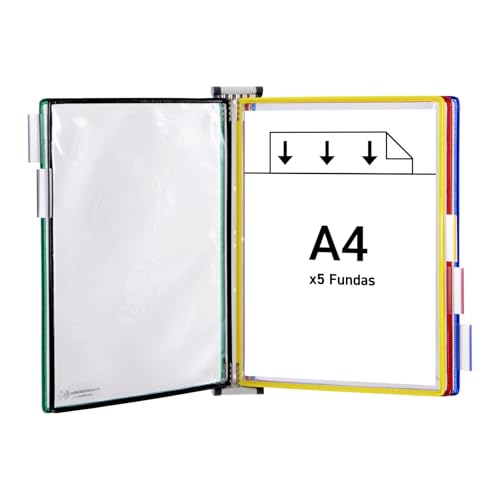 Djois by Tarifold 414159 - Expositor de pared, Clasificador de pared metal con 5 fundas A4 PVC pivotes metálicos- marco colores surtidos