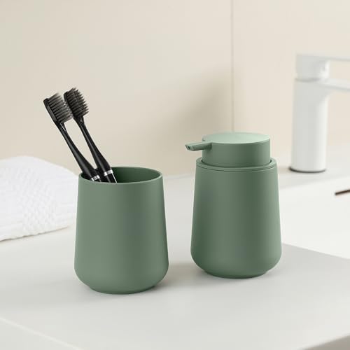 Image of YAUKPH Sage Green Liquid Hand Soap Dispenser Plastic 11 oz - Modern Minimalist Style for Bathroom & Kitchen Countertop Refillable