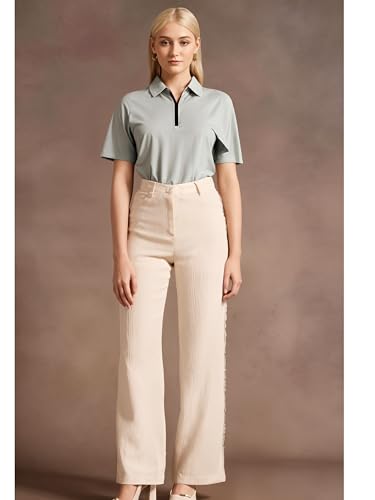 Image of Mack Jonney Ribbed |Regular Fit | Half Sleeves 100% Cotton Polo Neck Self Design with Zip T-Shirt for Women-M950