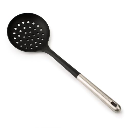 ARCOS Espumadera de Silicona, redondeada y Flexible de 350 mm para escurrir frituras de sartnes y cacerolas. Mango y Cuerpo de Acero Inoxidable. Resiste 240º. Color Negro y gris