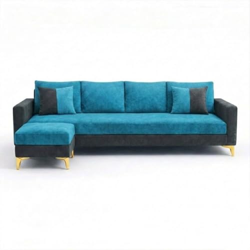 Image of Classiq Rich 5 Seater L Shape Sofa Set with Movable Ottoman | Flexible Layout | Spacious Soft Touch Seating | Designer Sofa for Living Room (Dark Grey & Aqua Blue)