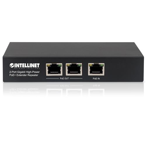 Image of Intellinet 2-Port Gigabit High-Power PoE+ Extender, 25W, IEEE 802.3at | IEEE 802.3af /at range doubler adds 328 ft, powers two devices up to 25W, Gigabit RJ45, metal housing