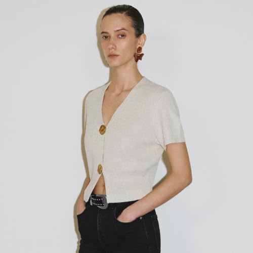 Image of URBAN REVIVO Women's Cardigan Sweaters Short Sleeve V Neck Gold Button Down Cropped Knit Casual Summer Tops