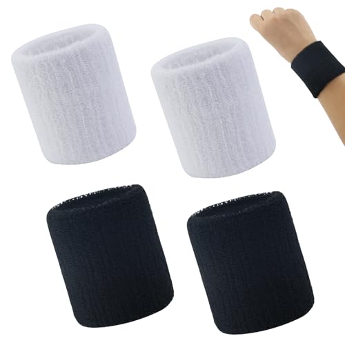 4 Pcs Bracelet Poignet Absorbant de Sport pour Homme & Femme Serre Poignet Noir et Blanc, pour la Gym, Le Tennis ou la Course à Pied - Brassard Éponge...