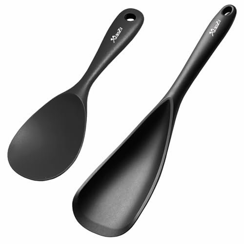 Silicone-Cooking-Spoon-Rice-Scooper-Set-for-Nonstick-Cookwares-2Pc-Black Silicone Cooking Spoon & Rice Scooper Set for Nonstick Cookwares, 2Pc Black - Image 1