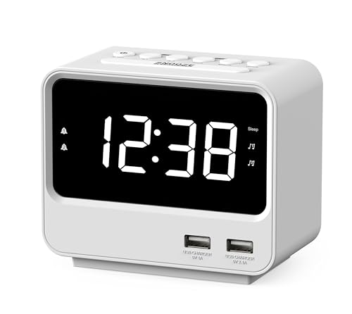 iTOMA Radiosveglia per camera da letto con due porte di ricarica USB, numeri grandi con luminosità regolabile, radio FM digitale per comodino con timer per sonno, orologio digitale LED bianco A23