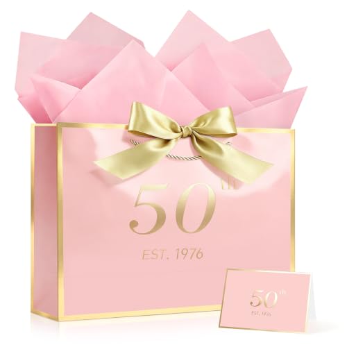Image of JMANNI Birthday Gift Bag with Card and Tissue Paper for Men Women Him, Elegant Pink Gold Anniversary Keepsake Party Present Shopping Paper Bags for Gifts Wrapping Pink / 13 inch Medium /EST.1976 50th