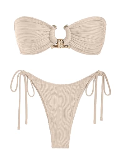 ZAFUL Women Bikini Sets Ribbed Textured Metal Two Piece Adjustable Tie Back Bandeau Bathing Suit Tie Side High Cut Swimsuit