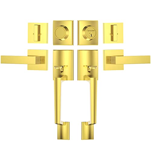 Image of TICONN Double Front Door Handle Set, Heavy Duty Square Door Lever and Single Cylinder Deadbolt Combo for Side by Side Entrance Exterior Doors (Polished Brass)