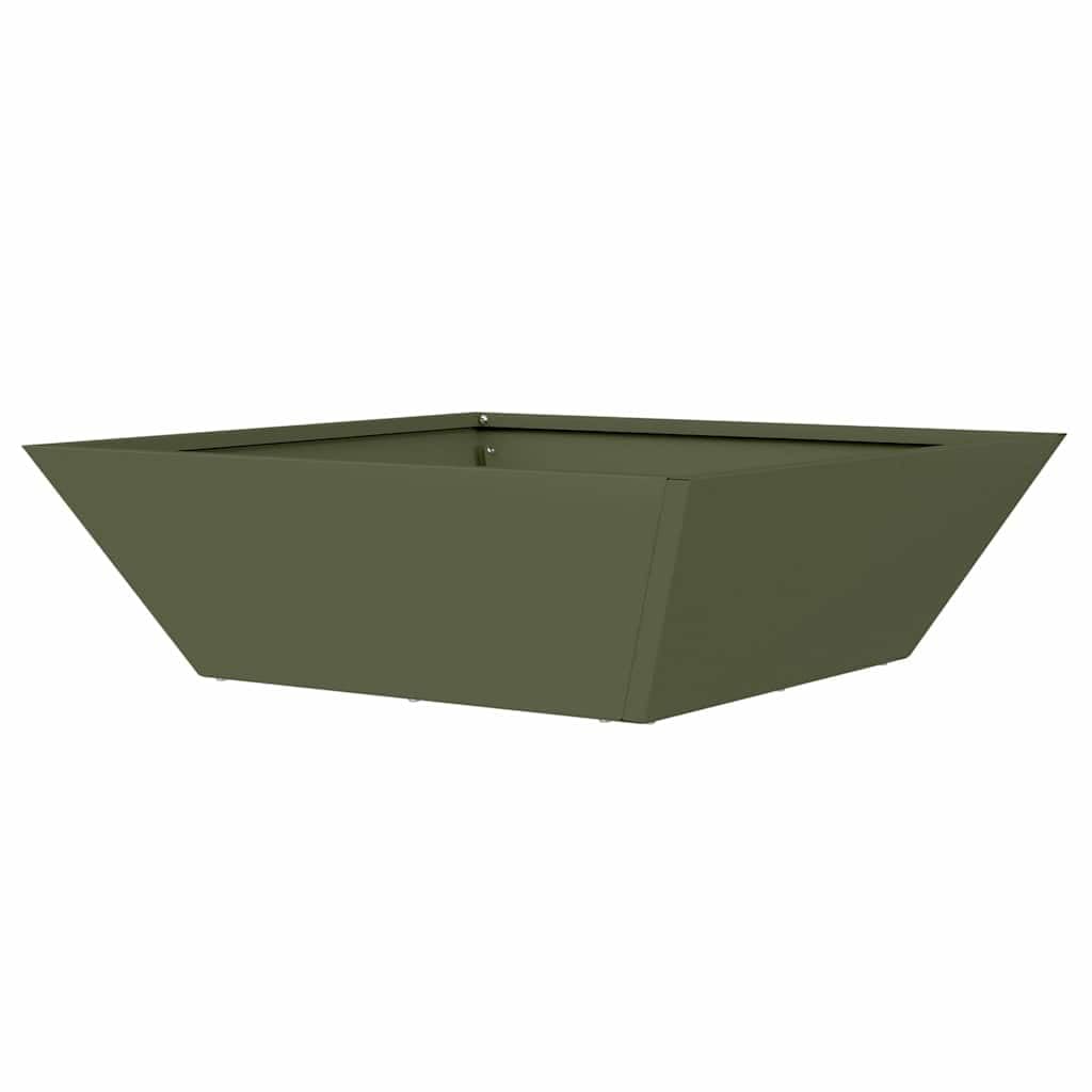 Oliwkowy metalowy pojemnik na rośliny, 50 x 50 x 15 cm, z nowoczesnym, minimalistycznym designem, do ogrodu, na taras, balkon, do użytku wewnątrz lub na zewnątrz, trwała stal z spodkiem odpływowym