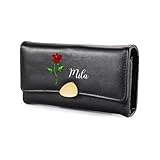 Lam Hub Fong Cartera Mujer Personalizada con Flor de Nacimiento y Nombre Monedero Largo de PU Gran Capacidad con Ranuras para Tarjetas, Compartimentos Regalo Mujer (Negro)