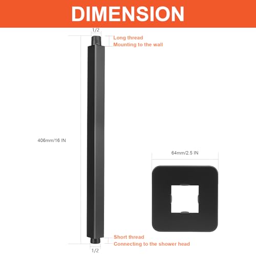 Image of Ceiling Mounted Shower Arm, Rain Shower Square Extension Arm with Flange and Teflon Tape Stainless Steel Ceiling Mount Shower Extender (16 Inch, Matte Black)
