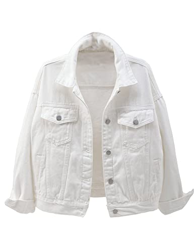 Gacaky Women's Basic Solid Color Button Down Denim Cotton Jacket With Pockets White M #TOP16