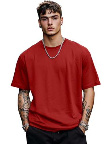 Image of Veirdo Oversized Baggy Fit Drop Shoulder Half Sleeves Round Neck Solid Pure 100% Cotton T-Shirt for Men (Available in White, Black, Mustard, Maroon, Green, Lilac, Navy, Red Color)