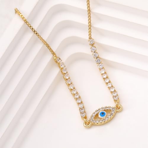 Evil Eye Bracelet for Women, Dainty Devil Eyes Tennis Bracelets, Cute Sparkly Faux Diamond Cubic Zirconia Link Bracelets With Lucky Charm, Small Wrist Friendly Karma and Luck Energy Protection Hand Chain, Adjustable CZ Jewelery Gifts (2mm Gold)3