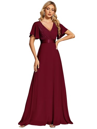 Ever-Pretty Damen Abendkleid Brautjungfer A-Linie Chiffon V Ausschnitt Bodenlang Burgundy 40