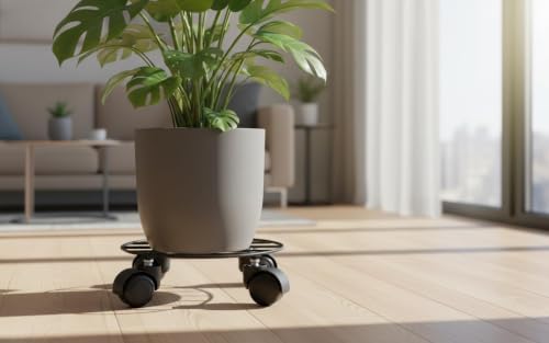 Image of Round Metal Plant Stand with Wheels (Pack of 4) | Heavy Duty Pot Trolley for Home, Balcony & Garden | Black