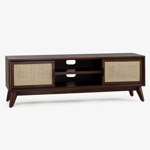 Image of TV Stand for 65 inch TV, Dark Chocolate (Walnut Colour) | Solid Wood, 10 Minutes Assembly (Legs Only), Aesthetic Rattan Doors, Mid Century Entertainment Center